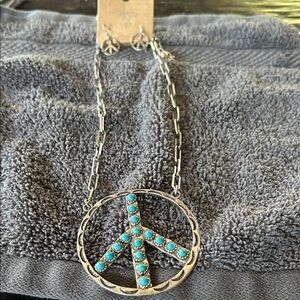 Silver Peace Sign Necklace with Turquoise Accents
